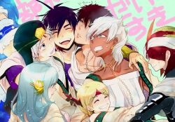  2girls 5boys aqua_hair bad_id bad_pixiv_id black_hair blonde_hair blush chains closed_eyes ebyo group_hug happy hat headband hug ja&#039;far_(magi) keffiyeh magi_the_labyrinth_of_magic masrur multiple_boys multiple_girls pisti red_hair sharrkan short_hair sinbad_(magi) smile spartos white_hair yamuraiha 