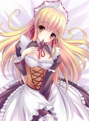  bed_sheet blonde_hair blush breasts cleavage cleavage_cutout clothing_cutout commentary_request corset eclair_femirinsu female hand_on_own_chest handmaid_garden headdress long_hair looking_at_viewer lying maid maid_headdress medium_breasts milkshakework mouth_hold on_back solo yellow_eyes 