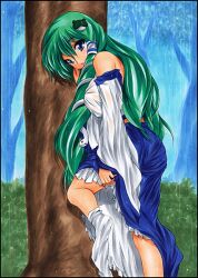  back bare_shoulders blush breasts commentary_request detached_sleeves female forest green_eyes green_hair hair_ornament hair_tubes kochiya_sanae large_breasts long_hair nature open_mouth rain skirt snake sock_dangle sock_pull socks solo touhou traditional_media tree wet wet_clothes yadokari_genpachirou 