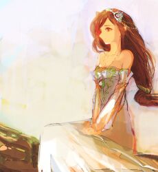  anasta brown_eyes brown_hair commentary detached_sleeves dress female final_fantasy final_fantasy_ix garnet_til_alexandros_xvii long_hair solo strapless strapless_dress symbol-only_commentary very_long_hair 