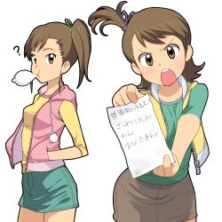  2girls ? a1_(initial-g) absurdres blush brown_eyes brown_hair condom condom_in_mouth denim denim_skirt flipped_hair foreshortening futami_ami futami_mami hands_in_pockets highres hood hoodie idolmaster idolmaster_(classic) idolmaster_2 mouth_hold multiple_girls open_mouth paper pencil_skirt photoshop_(medium) siblings side_ponytail simple_background sisters skirt translation_request twins 