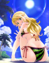  ahoge ass bad_id bad_pixiv_id barefoot beach bikini blonde_hair blush breasts cloud da_(pixiv) day female food_print green_bikini hoshii_miki idolmaster idolmaster_(classic) large_breasts lens_flare long_hair looking_at_viewer looking_back open_mouth outdoors palm_tree pigeon-toed sand side-tie_bikini_bottom sideboob sitting sky smile solo sun swimsuit tree underboob v watermelon_print 