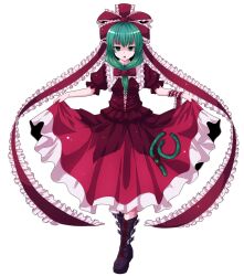  arm_ribbon boots commentary_request curtsey depressed dress female front_ponytail green_eyes green_hair hair_ribbon highres kagiyama_hina nikka_(cryptomeria) open_mouth red_dress ribbon skirt_hold solo standing touhou transparent_background 