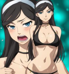  annoyed arms_behind_back bikini black_hair blue_eyes blush breasts choker cleavage female groin hairband hairu kumashiro_maya large_breasts long_hair multiple_views navel open_mouth raised_eyebrow seikimatsu_occult_gakuin swimsuit underboob wide_hips zoom_layer 