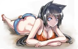  animal_ears bad_id bad_pixiv_id bare_legs bare_shoulders bikini bikini_top_only black_hair blue_eyes breasts butt_crack cat_ears cleavage closed_mouth collarbone denim denim_shorts female flip-flops foreshortening full_body halterneck highres large_breasts long_hair looking_at_viewer lying on_stomach orange_bikini original sandals shorts simple_background smile solo swimsuit tea_(nakenashi) twintails white_background 