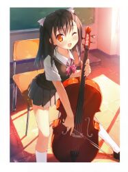  ;d absurdres black_hair blush bow bow_(music) bowtie cello chair classroom female hair_ribbon highres indoors instrument kantoku long_hair nagisa_(kantoku) one_eye_closed open_mouth orange_eyes original photoshop_(medium) pleated_skirt ribbon school_uniform sitting skirt slim_legs smile socks solo white_socks 