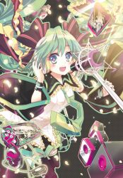  :d black_thighhighs bow bracelet commentary_request detached_sleeves digital_media_player e-nya female flower-shaped_pupils green_eyes green_hair hair_ribbon handheld_game_console happy hatsune_miku ipod jewelry long_hair microphone music necktie open_mouth petals photoshop_(medium) playstation_portable pleated_skirt recursion ribbon singing skirt smile solo symbol-shaped_pupils thighhighs twintails vocaloid 