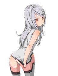  ass bad_id bad_pixiv_id bare_shoulders breasts covering_ass covering_privates cowboy_shot dress dress_tug female from_side frown grey_hair grey_thighhighs heterochromia infinite_stratos laura_bodewig leaning_forward leotard looking_at_viewer looking_back muttan_(ashiru-f) no_eyepatch pilot_suit red_eyes small_breasts solo swept_bangs thighhighs thong_leotard transparent_background yellow_eyes 