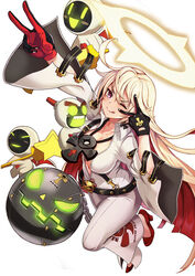  ;q ankh arm_up bad_id bad_pixiv_id ball_and_chain_restraint bat_wings belt belt_buckle black_belt black_gloves blunt_ends blush blush_stickers bodysuit breasts buckle center_opening chains cleavage closed_mouth clothes_writing collarbone commentary constricted_pupils cross double_v female flipped_hair floating floating_hair from_above full_body gloves glowing glowing_eyes glowing_mouth green_eyes guilty_gear guilty_gear_xrd hair_between_eyes halo hand_up high_heels holding holding_staff holding_sword holding_weapon hug jack-o&#039;_valentine jewelry knight_servant lancer_servant large_breasts leg_lift leg_up long_hair long_sleeves looking_at_viewer looking_up loose_belt magician_servant multicolored_clothes multicolored_gloves multicolored_hair navel necklace one_eye_closed open_mouth parted_lips perspective photoshop_(medium) purple_eyes red_footwear red_gloves red_hair sharp_teeth size_difference spiked_halo staff standing standing_on_one_leg star_(symbol) straight_hair studded_belt sword teeth thick_eyebrows tongue tongue_out tori_(king8162635) two-tone_hair uneven_eyes v v-shaped_eyebrows v_over_eye very_long_hair weapon white_bodysuit white_hair wide-eyed wide_sleeves wings 