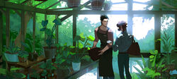  2boys amei_zhao apron bag black_hair earrings greenhouse hanging_plant jewelry jojo_no_kimyou_na_bouken kakyouin_noriaki kuujou_joutarou light male_focus multiple_boys plant red_hair tree vase 