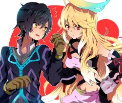  1boy ahoge akishima_kei bad_id bad_pixiv_id black_hair blonde_hair blue_hair choker dyed_ahoge elbow_gloves female gloves jude_mathis long_hair milla_maxwell multicolored_hair red_eyes skirt strapless streaked_hair tales_of_(series) tales_of_xillia tube_top two-tone_hair yellow_eyes 