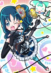  ;d alternate_costume black_gloves blue_eyes blue_hair blue_legwear bracelet circle_skirt coffret_(heartcatch_precure!) commentary_request creature dress earrings eyelashes female frills full_body gloves guitar hair_ornament hairpin happy heart heartcatch_precure! instrument jewelry kurumi_erika long_hair mahkn microphone music one_eye_closed open_mouth pantyhose photoshop_(medium) precure shoes side_ponytail sidelocks singing smile solo_focus star_(symbol) tambourine 