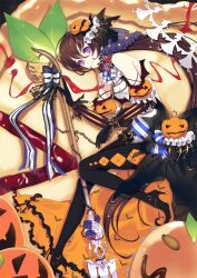  argyle_clothes argyle_legwear bad_id bad_pixiv_id bare_shoulders blue_flower blue_rose bow brown_hair elbow_gloves enk female flower food food-themed_hair_ornament fork gloves hair_ornament jack-o&#039;-lantern long_hair long_skirt looking_at_viewer multicolored_flower multicolored_rose original oversized_object pantyhose paper_doll photoshop_(medium) pumpkin pumpkin_hair_ornament purple_eyes purple_flower purple_rose rose skirt solo very_long_hair 