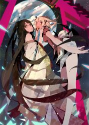  2girls bare_shoulders black_eyes black_hair blonde_hair chang&#039;e chinese_clothes commentary_request earth_(planet) feeding foreshortening from_below glasses hair_ornament hair_stick highres kanzashi long_hair moon_rabbit mooncake muhaikei multiple_girls off_shoulder original personification photoshop_(medium) planet red_eyes space torii translated very_long_hair 