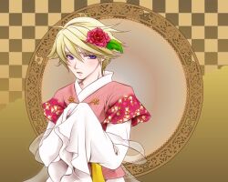  1boy blonde_hair commentary_request cosplay crossdressing flower hair_flower hair_ornament ivan_karelin japanese_clothes male_focus miyasuzuki orihime_(tanabata) orihime_(tanabata)_(cosplay) purple_eyes solo tanabata the_weaver_girl_and_the_cowherd tiger_&amp;_bunny 