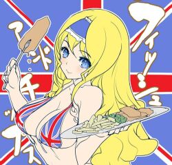  akaga_hirotaka bikini bikini_top_only blonde_hair blue_eyes blue_hairband breasts cecilia_alcott cleavage commentary_request england female fish_(food) fish_and_chips flag_background flag_print food fork hairband infinite_stratos large_breasts light_smile long_hair looking_at_viewer plate print_bikini sideboob solo string_bikini swimsuit union_jack union_jack_bikini union_jack_bikini_top united_kingdom wavy_hair 