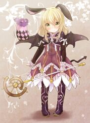  absurdres animal_ears bat_wings blonde_hair blush boots commentary_request demon_tail dress elize_lutus female flower green_eyes highres jacket photoshop_(medium) pink_dress plant purple_footwear rabbit_ears smile solo staff standing tail tales_of_(series) tales_of_xillia teepo_(tales) vines wings yukiu_con 