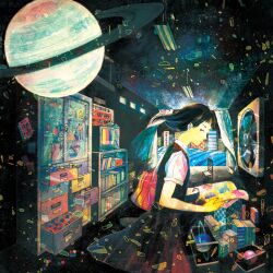  bag black_dress black_hair book commentary_request dress female hand_fan holding holding_book kubo_(black-vinegar) original photoshop_(medium) pinafore_dress planet profile reading saturn_(planet) school_bag school_uniform shirt sleeveless sleeveless_dress solo surreal white_shirt 