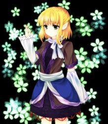  black_dress blonde_hair breasts commentary_request detached_sleeves dress female floral_background furrowed_brow glowing_flower green_eyes half_updo kurami_(kohaku.) looking_ahead mizuhashi_parsee pointy_ears sash scarf short_hair small_breasts solo touhou white_sash white_scarf 