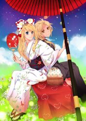  1boy alternate_costume back-to-back bad_id bad_pixiv_id bento blonde_hair blue_eyes bow cloud couple day edward_elric female flower fullmetal_alchemist hairbow hana&#039;s_(sora_no_kioku) hand_fan heart highres japanese_clothes jupiter_(planet) kimono long_hair obi oil-paper_umbrella orange_eyes paper_fan parasol planet sandals sash saturn_(planet) sitting sky smile straight uchiwa umbrella winry_rockbell yukata 