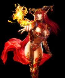  alexstrasza armor azazel bikini_armor breasts cape commentary dragon_horns english_commentary english_text female fire horns kneehighs large_breasts long_hair looking_at_viewer midriff ornament ornate_armor pointy_ears red_hair socks solo thighs thong tiara warcraft 