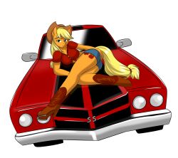  2011 anthro anthrofied applejack_(mlp) ass blonde_hair boots bottomwear breasts car chevrolet clothed clothing cowboy_boots cowboy_hat cutie_mark equid equine female footwear friendship_is_magic green_eyes hair hasbro hat headgear headwear hi_res horse kloudmutt looking_at_viewer lying mammal muscle_car my_little_pony on_side pony pose shorts simple_background solo vehicle white_background 