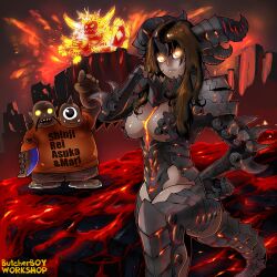  armor backward_facing_horns breasts brown_hair butcherboy cho&#039;gall cleavage commentary deathwing dragon dragon_girl english_commentary female genderswap_(mtf) glowing glowing_eyes hand_on_own_hip horns large_breasts lava long_hair monster_girl ogre personification photoshop_(medium) ragnaros rule_63 warcraft world_of_warcraft yellow_eyes 