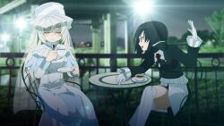  2girls arm_up black_hair brooch capelet chair closed_eyes commentary_request cup dress front-seamed_legwear gloves green_eyes hat jewelry kure_kirika kuro_chairo_no_neko long_hair long_sleeves mahou_shoujo_madoka_magica mahou_shoujo_oriko_magica mikuni_oriko multiple_girls oerba_yun_fang saucer seamed_legwear short_hair sitting skirt sleeves_past_wrists smile table teacup veil white_hair white_legwear 