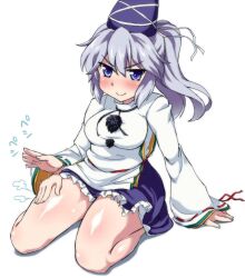  blue_eyes blush come_hither commentary_request female grey_hair hat japanese_clothes jpeg_artifacts lap_pillow_invitation mononobe_no_futo patting_lap ponytail sama_samasa shiny_skin short_hair sitting smile solo tate_eboshi thighs touhou wariza 