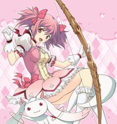  aged_up bow bow_(weapon) commentary_request cover cover_page female gloves hairbow kaname_madoka kaname_madoka_(magical_girl) kneehighs kyuubee looking_at_viewer magical_girl mahou_shoujo_madoka_magica mahou_shoujo_madoka_magica_(anime) object_on_head open_mouth panties panties_on_head photoshop_(medium) pink_eyes pink_hair puffy_sleeves ribbon short_twintails smile socks solo_focus twintails underwear weapon white_gloves white_legwear yokota_mamoru 