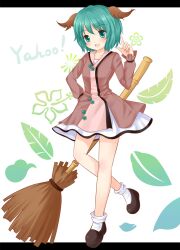  animal_ears bad_id bad_pixiv_id bare_legs blush broom brown_dress dog_ears dress female frilled_sleeves frills full_body green_eyes green_hair hand_on_own_hip kasodani_kyouko leaf leaf_background letterboxed nikoo oerba_yun_fang short_hair smile solo touhou 