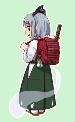  adapted_costume aged_down aka-kabuto_no_gema armor backpack bag commentary_request female green_background grey_hair hakama hakama_skirt highres japanese_armor japanese_clothes katana kinchaku konpaku_youmu konpaku_youmu_(ghost) pouch randoseru sandals short_hair shoulder_armor skirt sode solo sword tabi touhou weapon 