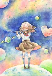  blonde_hair closed_eyes commentary_request female flute heart iinuma_chika instrument moon original painting_(medium) planet saturn_(planet) school_uniform smile solo traditional_media watercolor_(medium) 