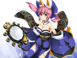  animal_ears bad_id bad_pixiv_id bare_shoulders blue_thighhighs breasts cleavage detached_sleeves fate/extra fate_(series) female fox_ears fox_girl fox_tail highres japanese_clothes medium_breasts mirror photoshop_(medium) pink_hair solo suiten_nikkou_amaterasu_yanoshisu_ishi tail tamamo_(fate) tamamo_no_mae_(fate/extra) thighhighs twintails yakitori_(oni) yellow_eyes 