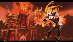  armor between_breasts black_thighhighs blonde_hair breasts commentary female fingerless_gloves fire gloves glowing glowing_eyes highres nam_(valckiry) oerba_yun_fang pauldrons personification ragnaros red_eyes shoulder_armor slit_pupils solo thighhighs twintails war_hammer warcraft weapon world_of_warcraft zettai_ryouiki 