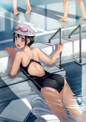  :o afloat ass bare_shoulders barefoot black_hair blue_eyes commentary_request competition_school_swimsuit female goggles goggles_on_head kickboard looking_back new_school_swimsuit one-piece_swimsuit original out_of_frame partially_submerged pool pool_ladder poolside school_swimsuit short_hair solo_focus swim_cap swimsuit water yokaze_japan 