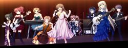  1boy 6+girls absurdres aqua_eyes band bare_shoulders bass_guitar black_legwear blonde_hair blue_dress blue_eyes blue_hair blue_legwear bob_cut bow bow_(music) bowtie braid breasts bridal_gauntlets brown_eyes brown_hair cello china_dress chinese_clothes cleavage closed_eyes concert dress drum drum_set drumsticks earrings electric_guitar everyone fender_jazz_bass flat_chest flower frilled_skirt frills game_cg glasses gloves green_eyes green_hair guitar hair_ornament hanagusuku_atori highres instrument jewelry kayaba_akaneko keyboard_(instrument) large_breasts long_hair microphone microphone_stand minamoto_rui miniskirt multiple_girls music narutaki_koyori necklace open_mouth otoko_no_ko pink_dress pink_hair playing_instrument ponytail purple_eyes purple_hair quad_braids red_eyes red_hair reverse_trap rui_wa_tomo_wo_yobu saeki_hokuto sainohara_megumu shirasaya_iyo short_hair singing skirt smile stage theremin thighhighs toushino_miyawa triangle_(instrument) twintails very_long_hair wakutsu_tomo whammy_bar white_legwear yun_yenfei 