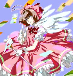  bad_id bad_pixiv_id brown_hair card cardcaptor_sakura character_print doraiga-rei dress female floating_card fuuin_no_tsue glove_bow gloves green_eyes hat index_finger_raised kero_(cardcaptor_sakura) kinomoto_sakura kinomoto_sakura_(magic_dream_costume) magical_girl pink_hat short_hair solo wand white_gloves wings 