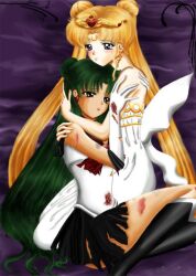  2girls bare_shoulders bishoujo_senshi_sailor_moon black_eyes blonde_hair blood dark_eyes embrace green_hair hug long_hair meiou_setsuna multiple_girls neo_queen_serenity sailor_pluto torn_clothes torn_clothing tsukino_usagi 