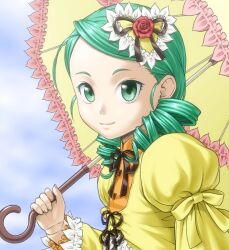  closed_mouth commentary_request doll_joints drill_hair female flower green_eyes green_hair hair_ornament ichikawa_masahiro joints kanaria light_smile long_sleeves neck_ribbon parasol puffy_sleeves ribbon rose rozen_maiden short_hair sky smile solo twin_drills twintails umbrella upper_body 