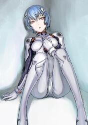  ayanami_rei bad_id bad_pixiv_id blue_hair bodysuit breasts female hand_on_own_chest medium_breasts neon_genesis_evangelion photoshop_(medium) pink_eyes plugsuit short_hair sitting solo tea_(nakenashi) white_bodysuit 