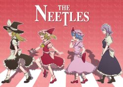  4girls abbey_road album_cover_redraw crosswalk derivative_work english_text flandre_scarlet hat highres izayoi_sakuya kirisame_marisa mary_janes multiple_girls neet parody profile pun remilia_scarlet ribbon shoes short_hair the_beatles touhou uousa-ou 