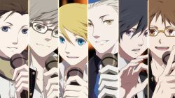  6+boys bad_id bad_pixiv_id black_hair blonde_hair blue_eyes blue_hair brown_eyes brown_hair commentary_request dahi glasses grey_eyes grey_hair hanamura_yousuke hat kuma_(persona_4) microphone mochizuki_ryouji multiple_boys narukami_yuu necktie parody persona persona_3 persona_3_portable persona_4 photoshop_(medium) school_uniform short_hair theodore_(persona) uta_no_prince-sama yuuki_makoto_(persona_3) 