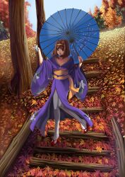  :d autumn_leaves brown_eyes brown_hair choker commentary_request female floral_print front-seamed_legwear grey_thighhighs hairband japanese_clothes kanzaki_sumire kimono leaf majicjiang oil-paper_umbrella open_mouth photoshop_(medium) purple_kimono sakura_taisen sandals scenery seamed_legwear short_hair smile solo stairs tabi thighhighs tree umbrella wedge_heels 