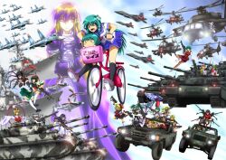  6+girls ah-64_apache aircraft airplane alice_margatroid alternate_costume an-94 animal_ears antennae assault_rifle b&amp;t_mp9 battle_rifle battleship bicycle bishamonten&#039;s_pagoda black_hair blonde_hair blue_hair bow brown_hair browning_m2 car caterpillar_tracks chen commentary_request dowsing_rod dual_wielding f-22_raptor fighter_jet frog fujiwara_no_mokou gradient_hair green_hair grey_hair gun h&amp;k_g36k h&amp;k_mp5 h&amp;k_mp5k h&amp;k_mp7 hairbow hat heavy_machine_gun heckler_&amp;_koch helicopter hijiri_byakuren holding hoshiguma_yuugi houjuu_nue in_basket jeep jet js_kongou junkei karakasa_obake kawasaki_oh-1 kazami_yuuka kisume kochiya_sanae kumoi_ichirin letty_whiterock light_purple_hair m14 m4_carbine machine_gun merlin_prismriver mg42 military military_vehicle mizuhashi_parsee moriya_suwako motor_vehicle multicolored_hair multiple_girls murasa_minamitsu nazrin one_eye_closed panzer_iv purple_eyes purple_hair rabbit_ears red_eyes reisen_udongein_inaba rifle rumia school_uniform serafuku ship short_hair snake star_(symbol) su-27 submachine_gun tank tatara_kogasa tiger_i tiltrotor toramaru_shou touhou twintails type_90_(tank) uh-60_blackhawk umbrella v-22_osprey warship watercraft weapon wriggle_nightbug yakumo_yukari yasaka_kanako yellow_eyes 