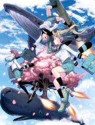  3girls bad_id bad_pixiv_id bag blonde_hair blue_hair boots brown_eyes cherry_blossoms cloud day digital_media_player earphones flying flying_whale highres ipod kouno_(masao) mouth_hold multiple_girls original photoshop_(medium) pink_hair raccoon_tail satchel school_uniform serafuku sky socks squid surreal tail thighhighs tree twintails whale 