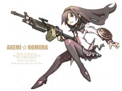  akemi_homura akemi_homura_(magical_girl) ammunition ammunition_belt ammunition_box argyle_clothes argyle_legwear arm_shield bipod black_footwear black_hair black_hairband black_pantyhose black_ribbon capelet character_name closed_mouth commentary female floating_hair fn_minimi frown full_body gem gun hair_over_one_eye hairband handle high_heels holding holding_gun holding_weapon homu kiarino light_machine_gun long_hair long_sleeves looking_ahead machine_gun magical_girl mahou_shoujo_madoka_magica mahou_shoujo_madoka_magica_(anime) midair neck_ribbon no_nose one_eye_covered pantyhose pleated_skirt purple_eyes red_gemstone ribbon rifle_cartridge romaji_text shield shoes simple_background skirt sleeve_cuffs solo weapon white_background 