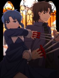  1boy between_fingers black_keys_(type-moon) blue_eyes blue_hair brown_eyes brown_hair ciel_(tsukihime) coat commentary_request cross cross_necklace fate/stay_night fate_(series) female habit holding holding_cross holding_weapon itou_(mogura) jewelry kotomine_kirei necklace nun priest stained_glass tsukihime type-moon weapon 