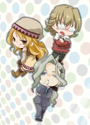  2boys bad_id bad_pixiv_id barnaby_brooks_jr. beanie blonde_hair blue_eyes boots bow brown_eyes brown_legwear chibi crossed_arms detached_sleeves formal glasses hair_ornament hairbow hairclip hat karina_lyle long_hair mochi_mocchi multiple_boys necktie open_mouth ponytail suit thighhighs tiger_&amp;_bunny wince yawning yuri_petrov 