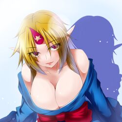  akimichi blonde_hair blue_kimono breasts cleavage commentary_request female horns hoshiguma_yuugi hoshiguma_yuugi_(kimono) japanese_clothes kimono large_breasts leaning_forward long_hair off_shoulder pointy_ears red_eyes single_horn solo touhou 